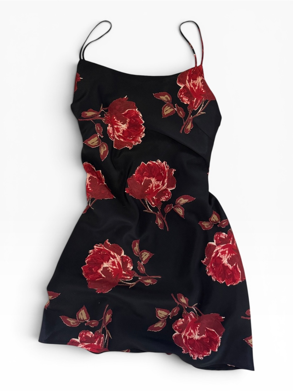 Vintage La Belle 90s Black Satin Red Rose Floral Slip Dress Size 5 XS/S/M